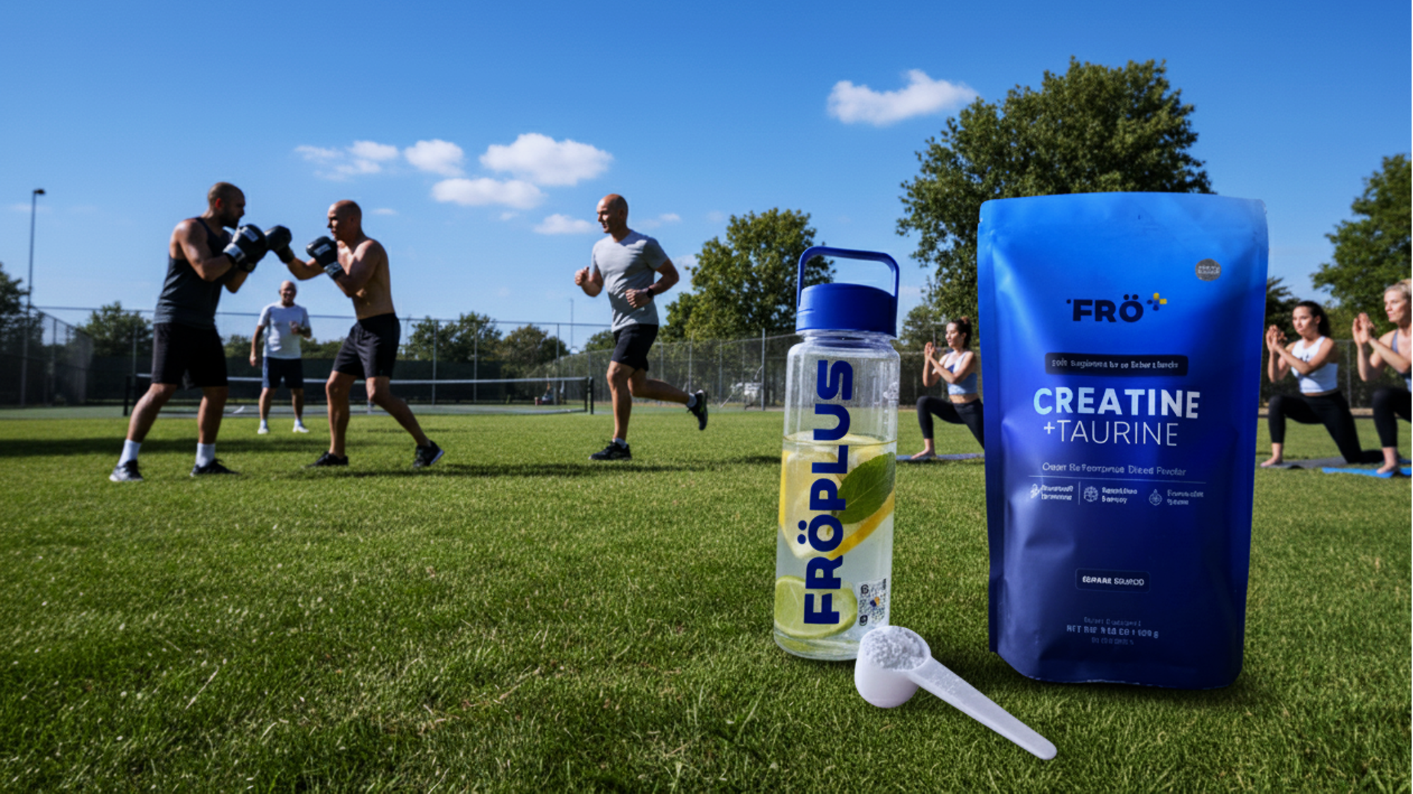 A group of Active Lifestyle people doing their hobbies with Creatine and taurine product and froplus water bottle with infused water and a scoop of creatine and taurine