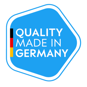 Logo with 'Quality Made in Germany' text on a blue background