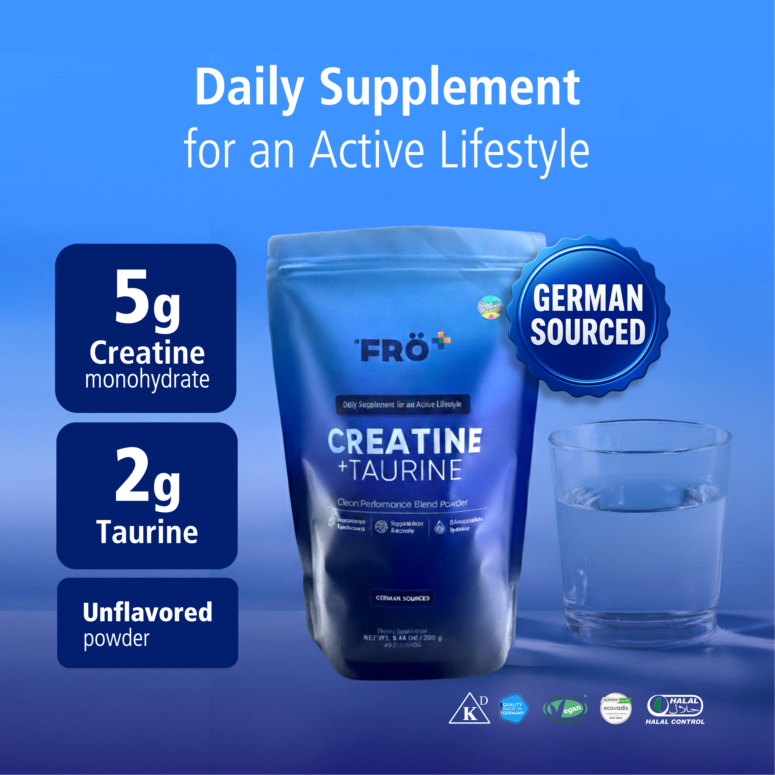 Supplement package with glass of water on a blue background, featuring 'FRO+' brand.