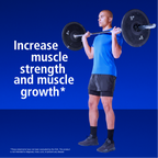 Person lifting a barbell with text about increasing muscle strength and growth on a blue background