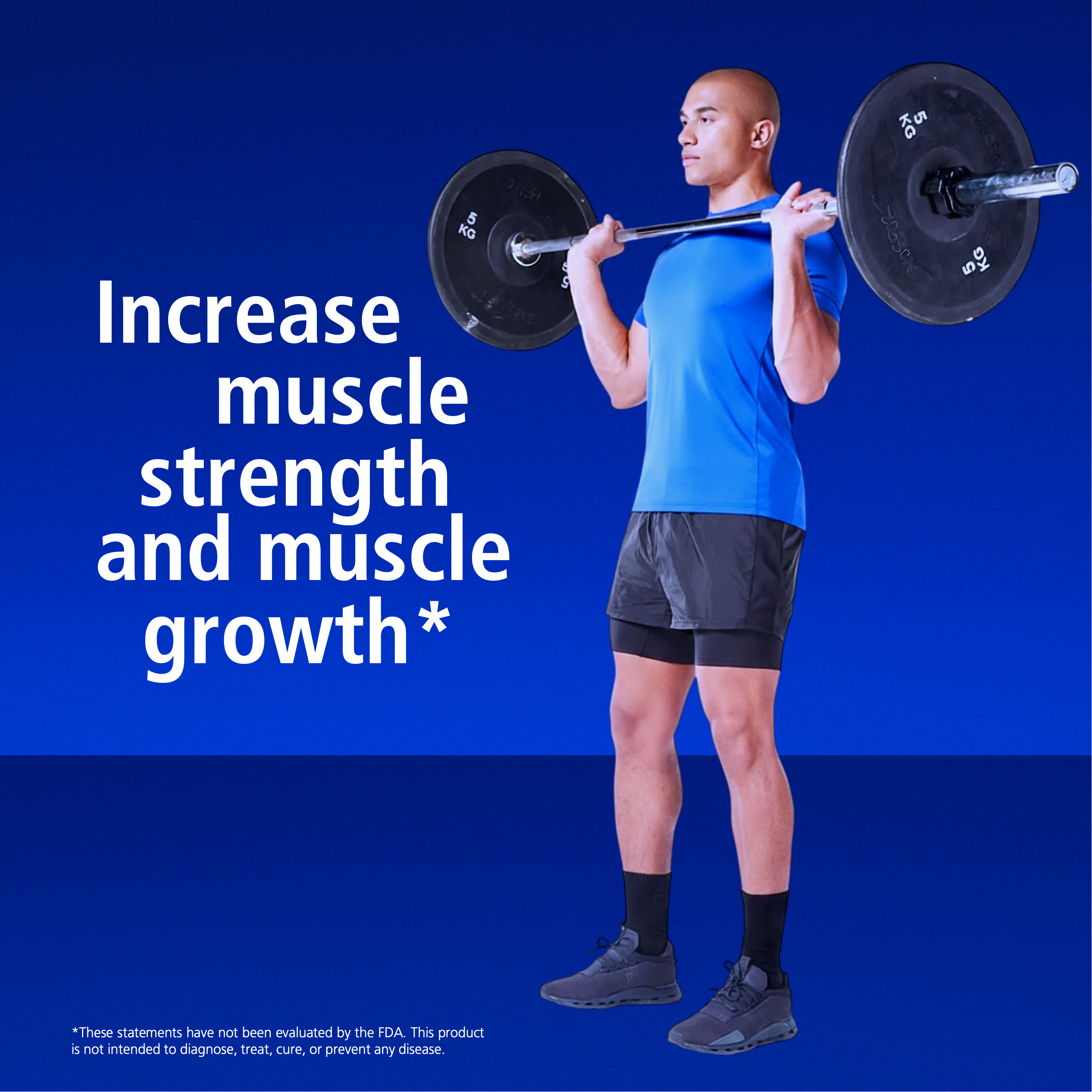 Person lifting a barbell with text about increasing muscle strength and growth on a blue background