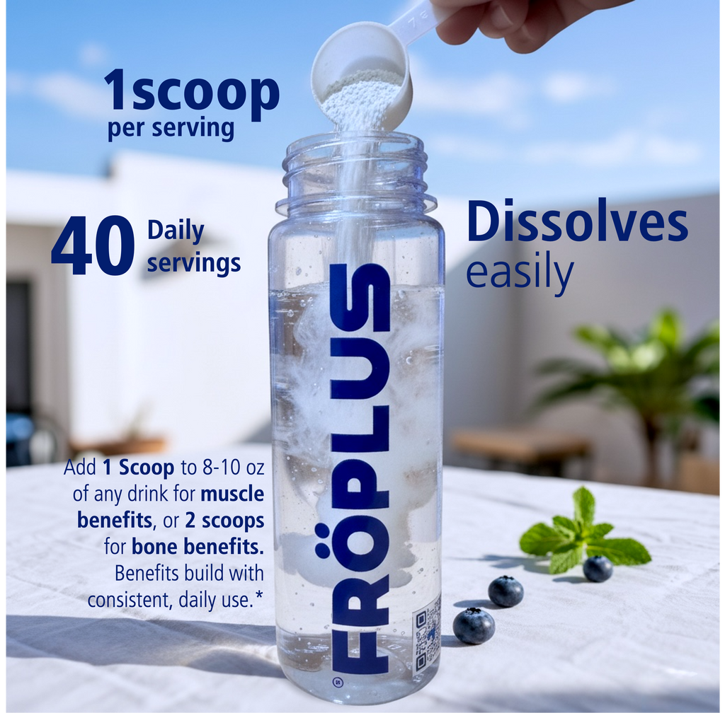 Froplus supplement bottle with a scoop of powder being added outdoors.