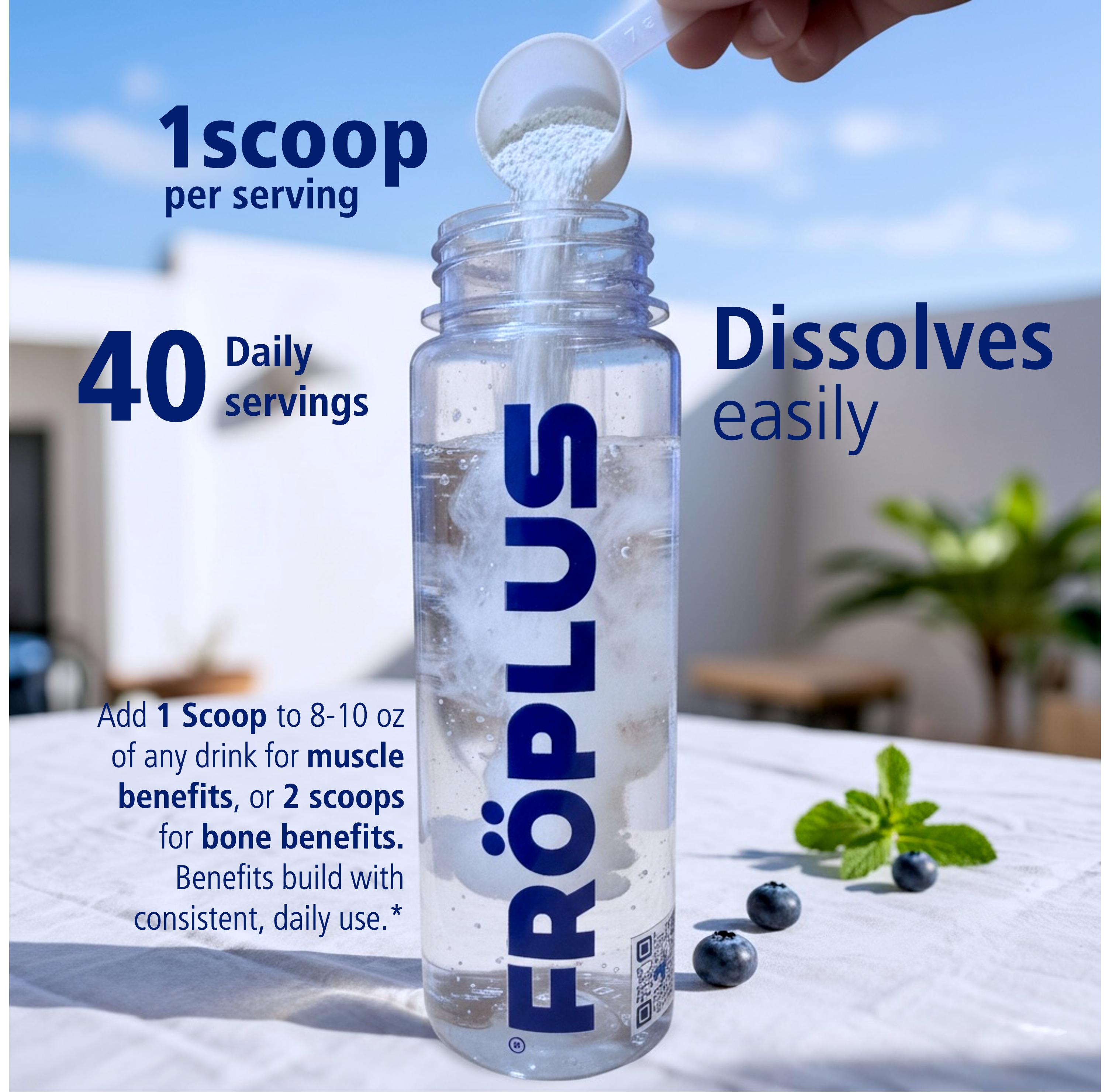 Froplus supplement bottle with a scoop of powder being added outdoors.