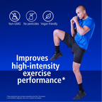 Person in athletic wear performing a high-intensity exercise with text about product benefits on a blue background