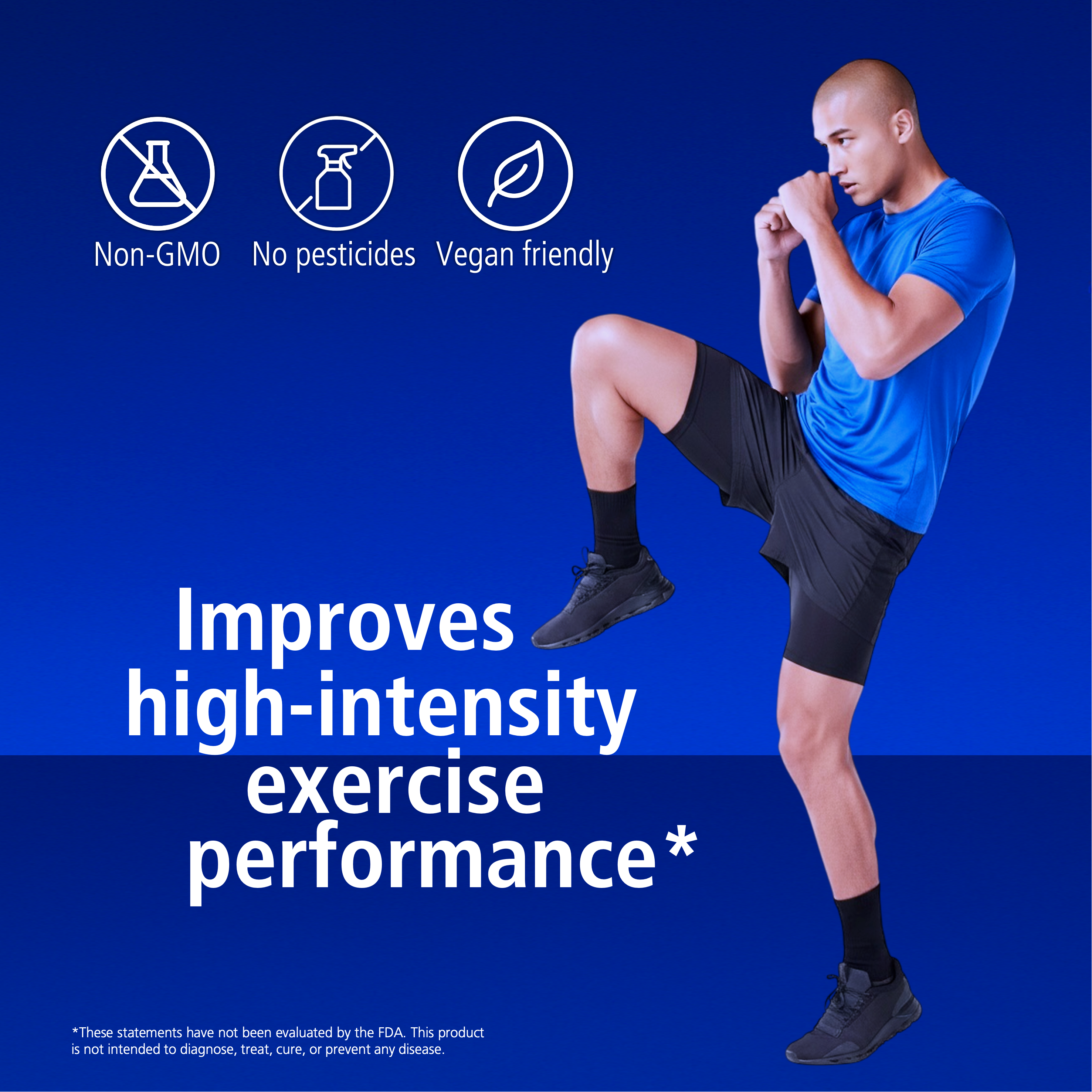 Person in athletic wear performing a high-intensity exercise with text about product benefits on a blue background