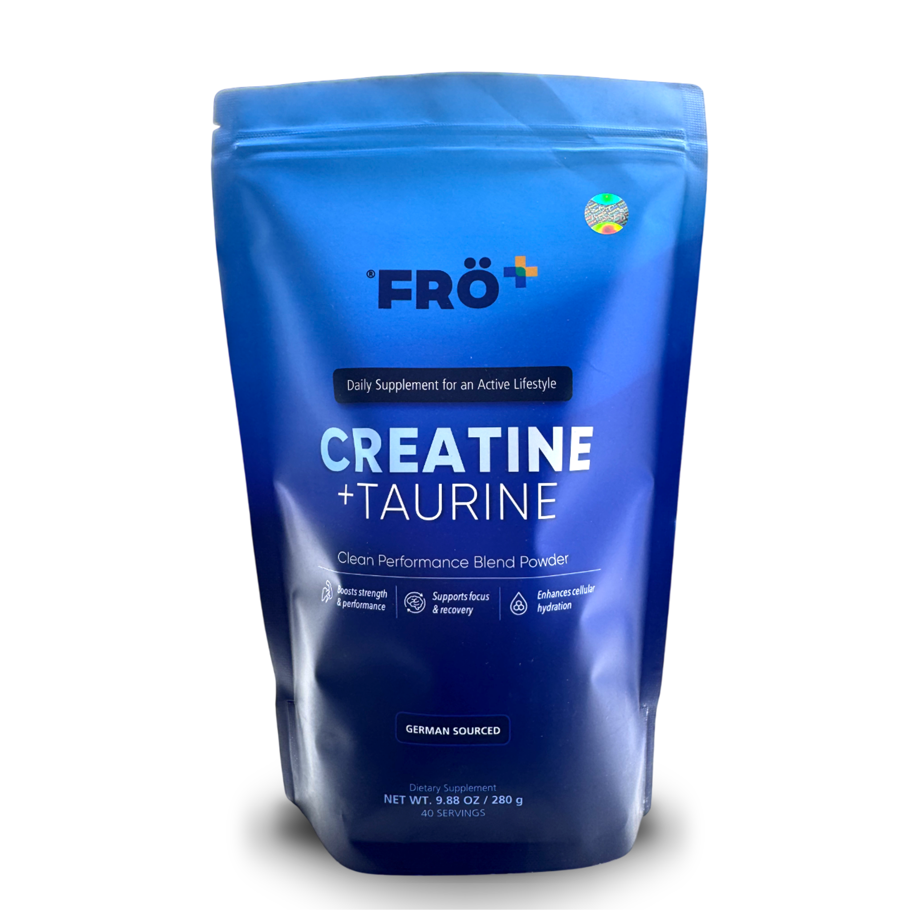 Blue package of FRO Creatine + Taurine supplement on a white background