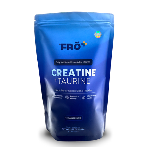 Blue package of FRO Creatine + Taurine supplement on a white background