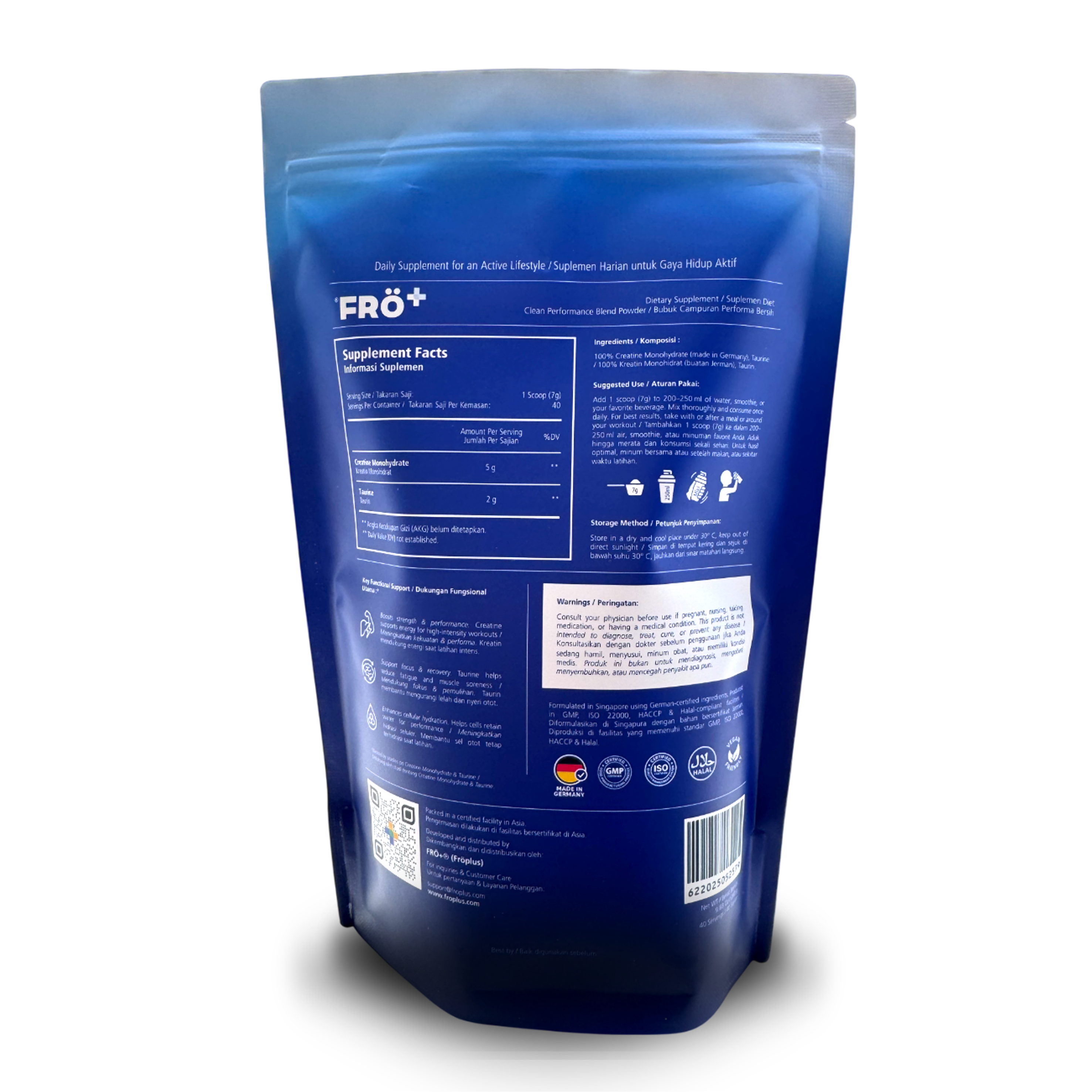Blue supplement package with Fro+ branding on a white background