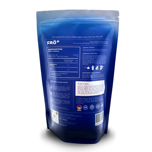 Blue supplement package with Fro+ branding on a white background